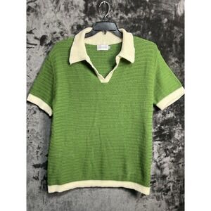 OXKNITSTORE Retro Knit Polo Sweater Green Cream 70s Mod Preppy Top Men's Large